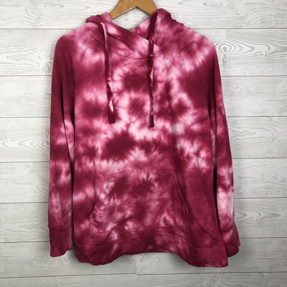 Green Tea Women's Large Tie Dye Long Sleeve Hooded Pullover Hoodie Pink White